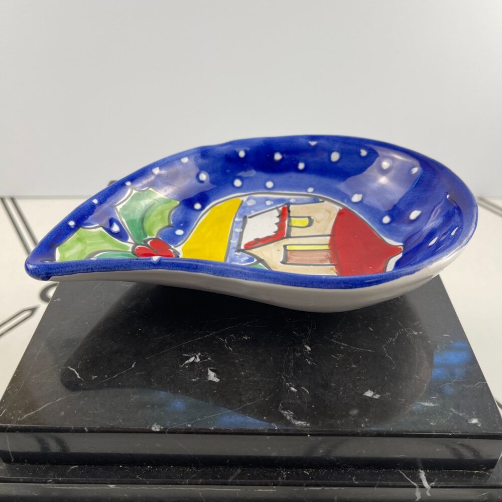 Vintage Made in Italy Ceramic Christmas Trinket Dish Winter Cottage Scene Blue - Picture 3 of 11